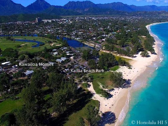 Kailua Beach Park with Kawailoa Homes and Beachside in the Distance