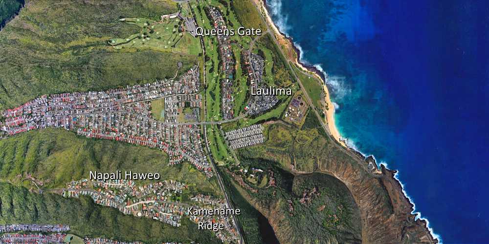 Aerial Map of Napali Haweo, Laulima, Queens Gate and Kamehame Ridge in Hawaii Kai