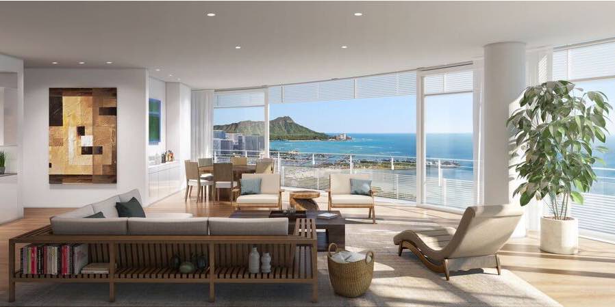 Rendering of A Honolulu Luxury Condo Living Room With Ocean Views