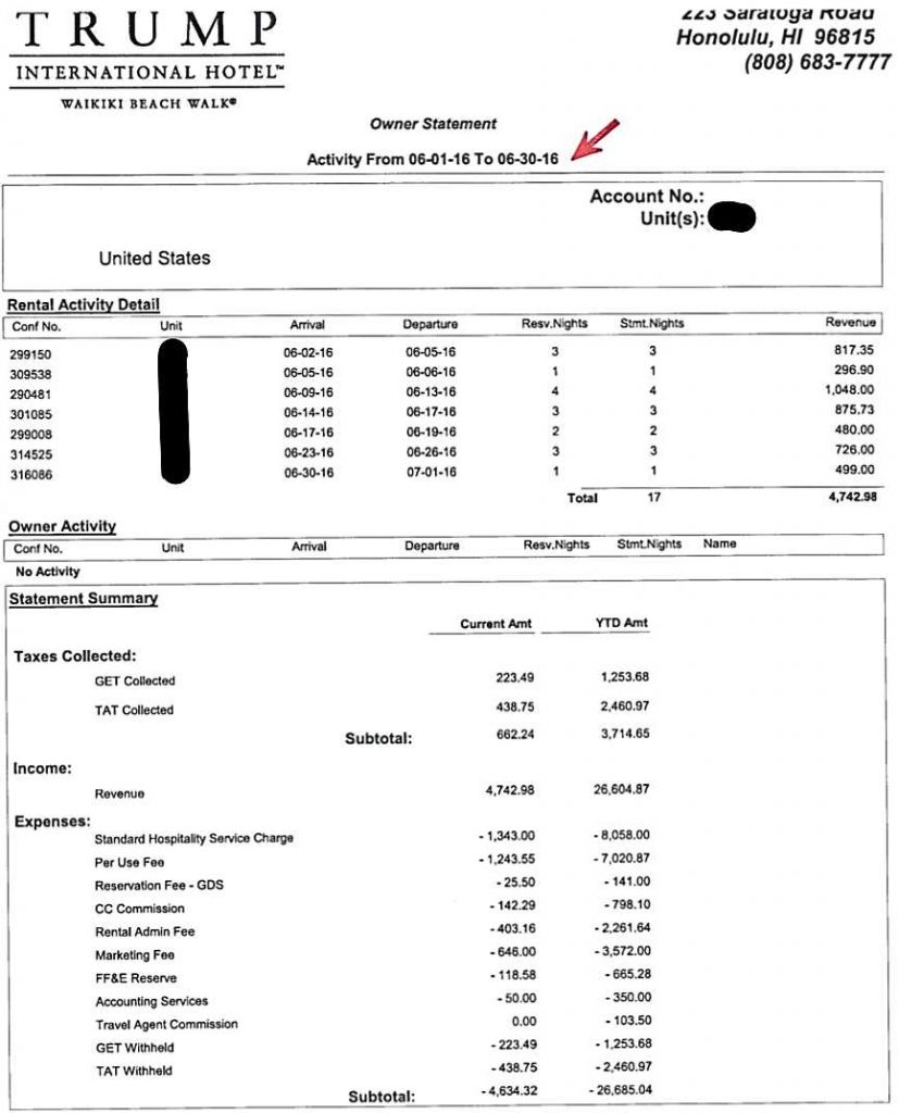 Trump Tower Waikiki Studio June 2016 income statement page 1