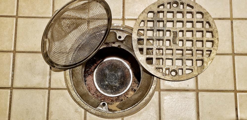 Shower Drain Double Filter: 1) Cover Plate on the right, 2) 4-1/4" strainer on the left, and 3) the smaller 2.5" strainer in place below.